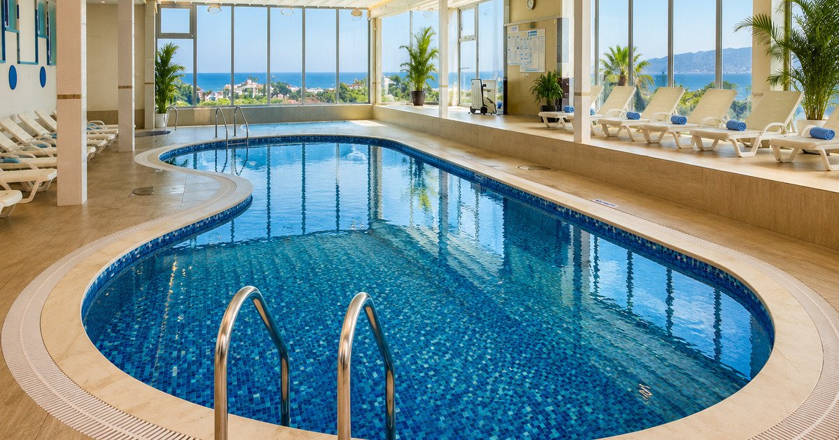 Indoor swimming pool with panoramic sea and mountain views, Kemer Antalya resort